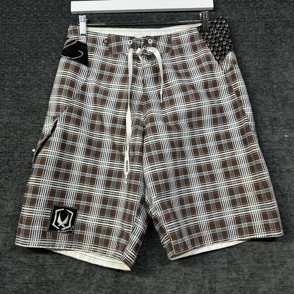 Redsand Board Shorts Men's Brown Blue Plaid Drawstring Surfing Swim Trunks - W33